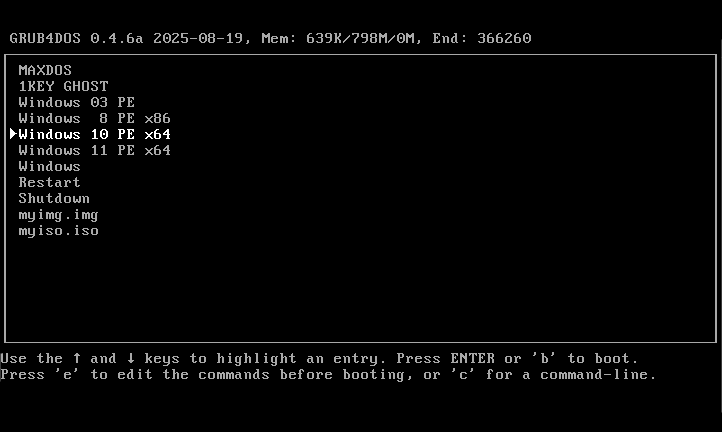 一盘走天下 OnePE 启动菜单界面，Legacy 与 UEFI 模式下可选 DOS、03PE、8PE、10PE、11PE
